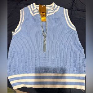 Blue and White Sleeveless Knit Top